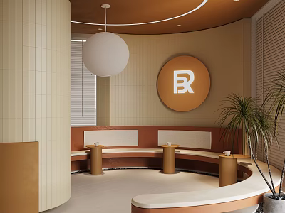 Contemporary Indoor Lounge With Curved Banquette Round R Logo Pendant Light And Plant 3d model
