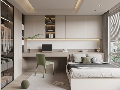 Modern Tatami Bedroom With Study Desk Green Chair And Built In Storage Cabinets 3d model