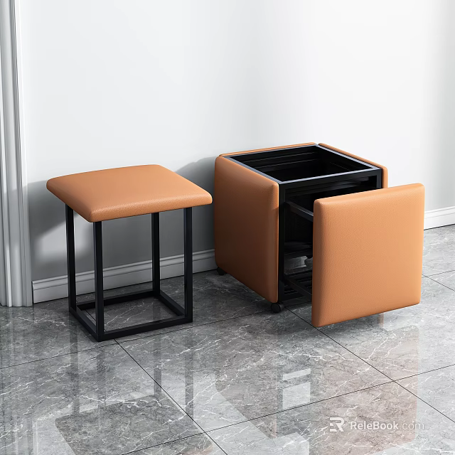 Modern Storage Stools With Orange Padded Seats Black Metal Frames And Open Lid Design 3d model 