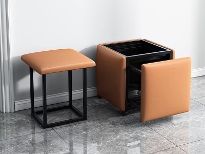 Modern Storage Stools With Orange Padded Seats Black Metal Frames And Open Lid Design 3d model