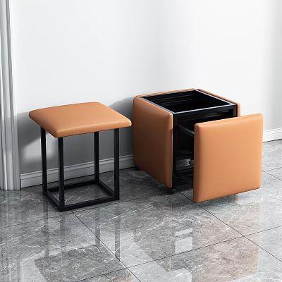 Modern Storage Stools With Orange Padded Seats Black Metal Frames And Open Lid Design 3d model
