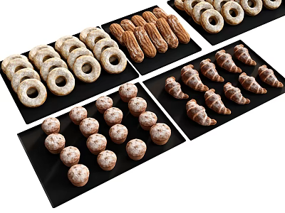 Baked Goods Assortment with Donuts Croissants and Rolls on Black Trays 3d model