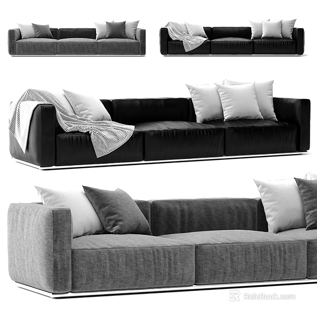 Modern Black And Gray Sofa With Pillows And Throw Blanket 3d model 
