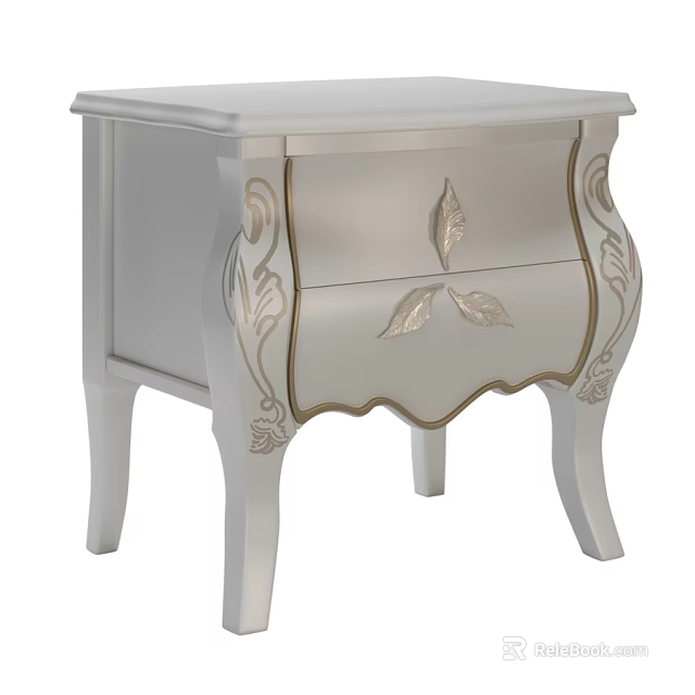 Elegant Light Silver Chest Of Drawers With Delicate Golden Leaf Carvings For Luxury Bedroom Storage 3d model 