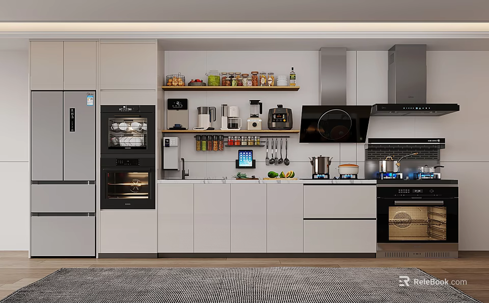 Elegant Modern Kitchen Interior With White Cabinets Countertop And Appliances 3d model