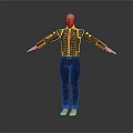 Bald Man In Black Jacket With Orange Stripes Black Pants Barefoot Arms Outstretched Dark Background