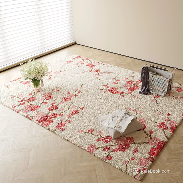 Square Carpet With Red Pink Plum Blossom Pattern Featuring Vase White Flowers Magazines Gray Cloth 3d model 