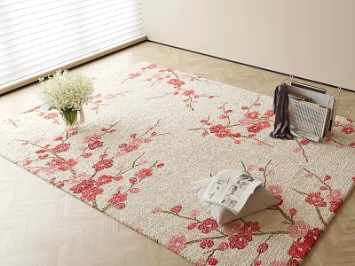 Square Carpet With Red Pink Plum Blossom Pattern Featuring Vase White Flowers Magazines Gray Cloth 3d model