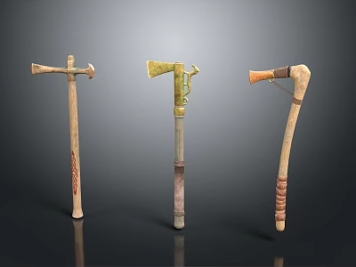 Three Ancient Battle Axes With Wooden Handles And Ornate Metal Heads 3d model