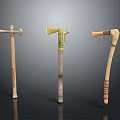 Three Ancient Battle Axes With Wooden Handles And Ornate Metal Heads
