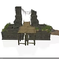 Modern Outdoor Retreat With Stone Tower Wooden Bridge Climbing Vines And Green Plants