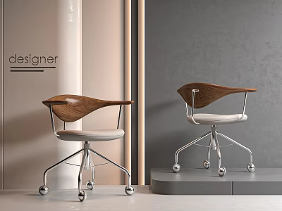 Stylish Modern Designer Chair with Wooden Armrest White Seat and Metal Wheels 3d model