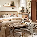 Cozy Bedroom Interior Design With Rattan Headboard Bed Coffee Table Rug And Pendant Light