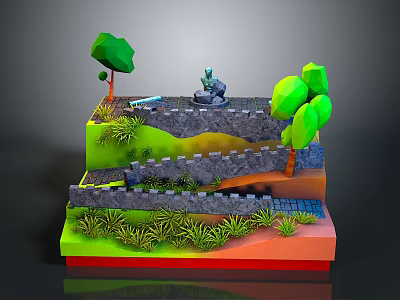 Layered Stepped Landscape Scene With Stone Walls Trees Grass And Waterfall 3d model