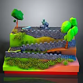 Layered Stepped Landscape Scene With Stone Walls Trees Grass And Waterfall