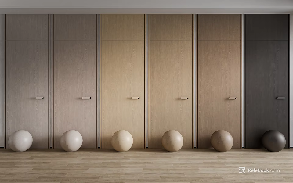Gray Brown Black Wooden Hinged Doors Wardrobe With Spherical Decorations On Wooden Floor 3d model 