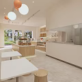Modern Dessert Shop Interior With Open Kitchen Pastry Displays Wooden Tables And Bright Lighting