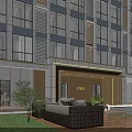 Modern Residential Building Exterior With Glass Windows Entrance And Outdoor Seating Area
