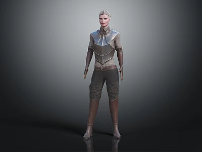 Gray Haired Woman In Metallic Armor Standing Against Gray Background With Futuristic Details 3d model
