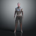 Gray Haired Woman In Metallic Armor Standing Against Gray Background With Futuristic Details