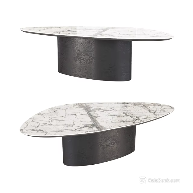 Oval Marble Coffee Table With Dark Metal Base And Natural Stone Veins 3d model 