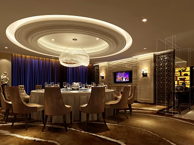 Elegant Private Dining Room Interior With Round Table Chandelier Blue Curtains TV And Chairs 3d model