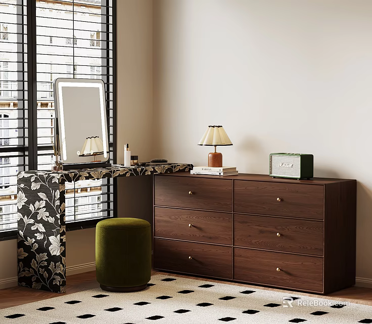 Stylish Dark Brown Dresser with Mirror Table Lamp Green Stool and Black White Rug 3d model 