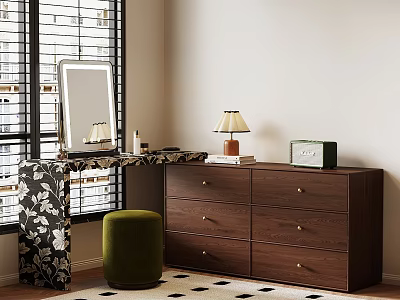 Stylish Dark Brown Dresser with Mirror Table Lamp Green Stool and Black White Rug 3d model