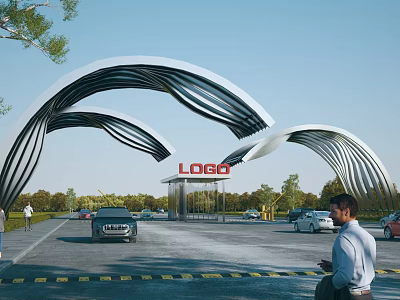 Modern Arched Entrance Gate with Streamlined Curved Structure LOGO Sign and Cars on Road 3d model