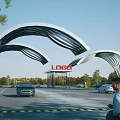 Modern Arched Entrance Gate with Streamlined Curved Structure LOGO Sign and Cars on Road