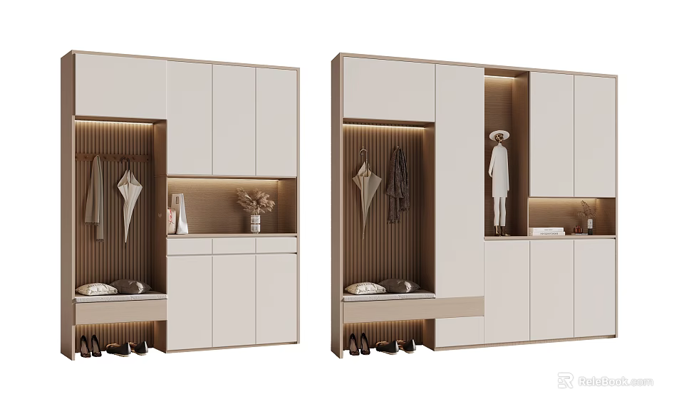 Modern Shoe Cabinet Design With Storage Compartments Hanging Area And Decorative Elements 3d model