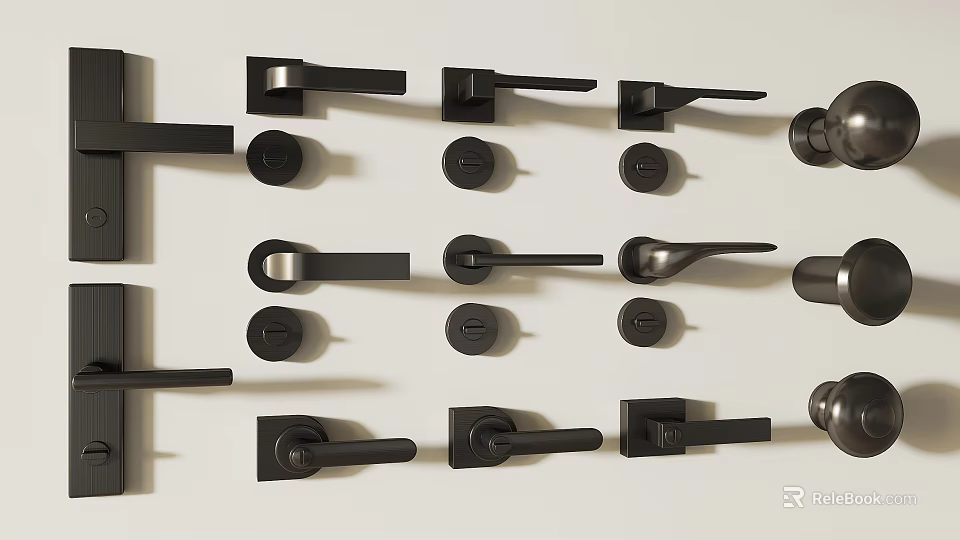 Modern Black Metal Door Handles In Various Styles Arranged On White Background 3d model 