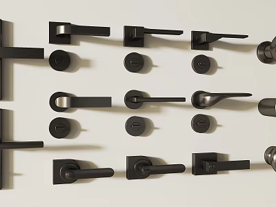 Modern Black Metal Door Handles In Various Styles Arranged On White Background 3d model
