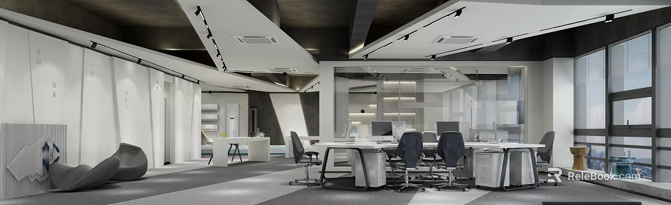 Modern Public Office Area With Open Layout Work Desks Office Chairs And Lighting Fixtures 3d model 