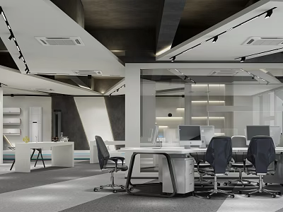 Modern Public Office Area With Open Layout Work Desks Office Chairs And Lighting Fixtures 3d model