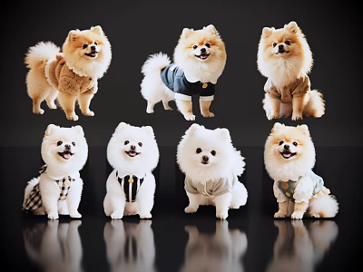 Cute Pomeranian Dogs in Various Outfits Posing on Black Background 3d model