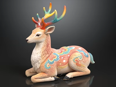 Colorful Deer Decorative Figurine With Rainbow Antlers And Cloud Patterns On Black Background 3d model