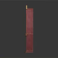 Red Arched Top Cabinet With Gold Accents Star Patterns And Open Shelves
