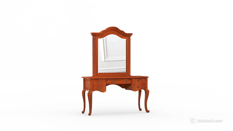 Classic Wooden Dressing Table with Mirror Top Drawers and Curved Legs 3d model 