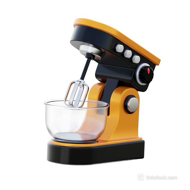 Yellow And Black Stand Mixer Kitchen Appliance With Transparent Bowl And Whisk 3d model 