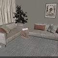 Beige Sectional Sofa with Brown and Gray Cushions Light Curtains Green Plant and Wall Art