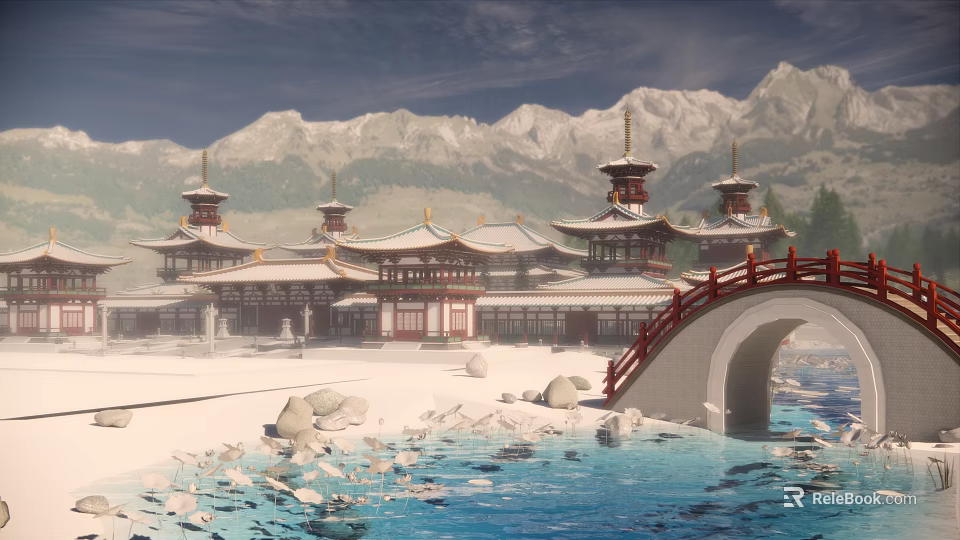 Scenic View of Traditional Ancient Chinese Architecture with Snow Capped Mountains Red Bridge and Stream 3d model 