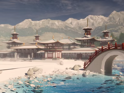 Scenic View of Traditional Ancient Chinese Architecture with Snow Capped Mountains Red Bridge and Stream 3d model