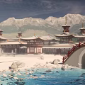 Scenic View of Traditional Ancient Chinese Architecture with Snow Capped Mountains Red Bridge and Stream