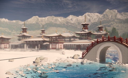 Chinese Ancient Building Tang Ancient Building Community Snow View Hot Spring Resort Hotel Temple Zen Garden 3d model