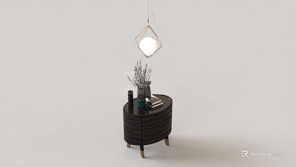 Dark Colored Entryway Side Cabinet With Purple Flowers Vase Books And Diamond Shaped Pendant Light 3d model 