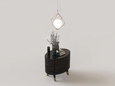 Dark Colored Entryway Side Cabinet With Purple Flowers Vase Books And Diamond Shaped Pendant Light 3d model
