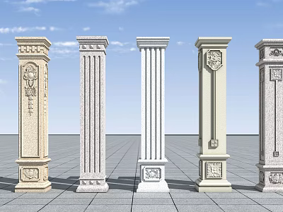 Architectural Columns With Different Designs Carved Patterns Various Styles And Colors 3d model