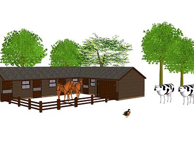Rustic Countryside Landscape With Brown Barn Horses Cows Green Trees And Wooden Fence 3d model