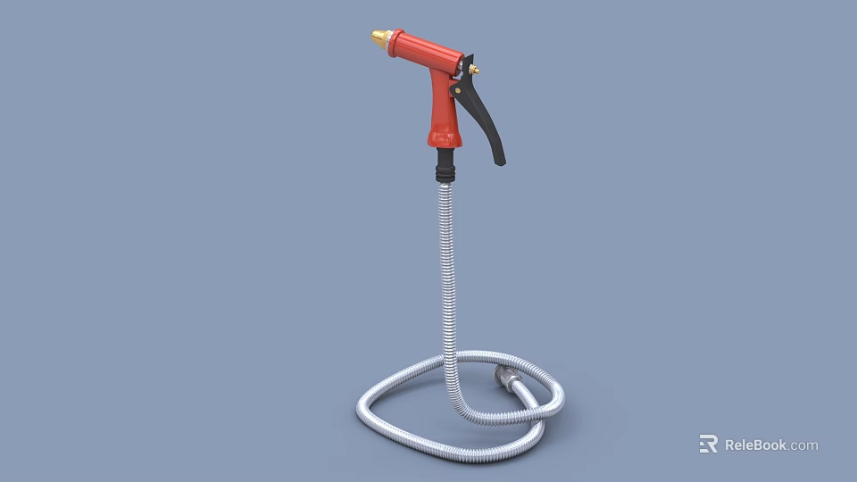 Industrial Spray Gun Equipment With Red Handle And Silver Flexible Hose 3d model 